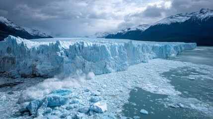 A massive, light-blue glacier face dramatically calves into a serene lake, framed by snow-capped mountains and moody skies