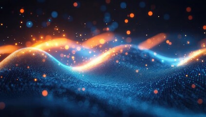 Abstract glowing wave pattern with blue and orange light dots creating a dynamic and futuristic digital landscape