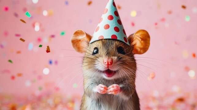 Cute small mouse wearing a polka dot party hat with colorful confetti falling around on a pink background expressing happiness