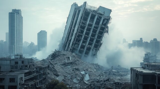 Partially collapsed large building surrounded by rubble and dust in an urban area with other tall buildings in the background under a cloudy sky