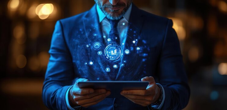 Businessman in dark suit holding digital tablet with glowing blue technology interface and data icons floating above the device in a dark environment