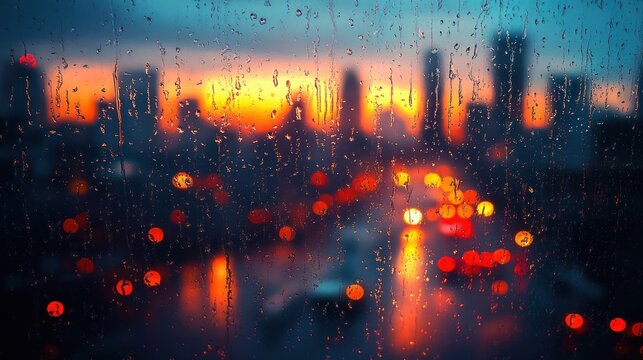 rain droplets on window overlooking blurry cityscape at sunset with colorful lights reflections creating a moody atmosphere