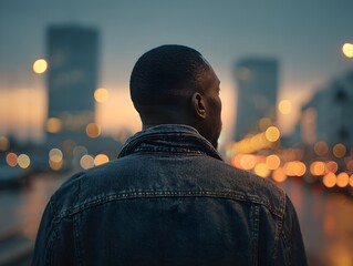 An african american man gazes pensively at the cityscape du a muted evening light in an urban environment.