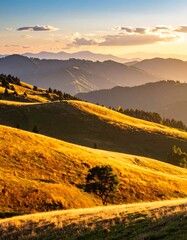 Golden hour paints rolling hills and distant mountain ranges