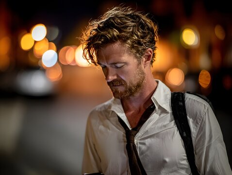 Attractive man looking at smartphone after work, city lights shine with shoulder bag in a dark ambiance.