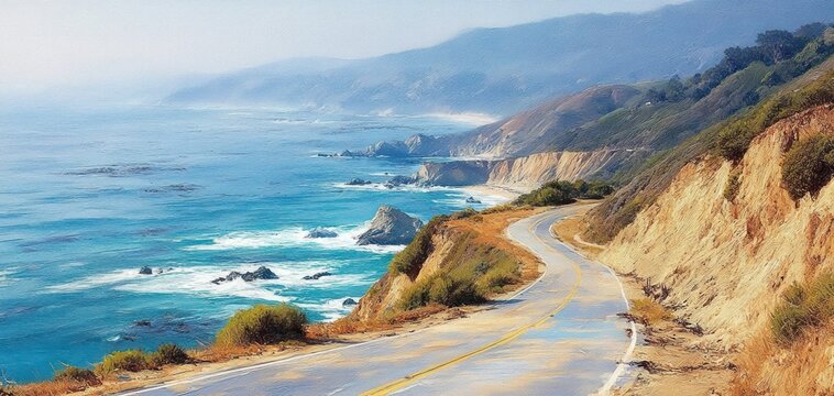 Scenic coastal road winding along rugged cliffs beside blue ocean waves under misty sky