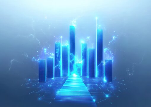 Futuristic glowing blue skyscraper cityscape made of light beams and digital grid with electric pulses and a pathway leading forward in a misty environment - Powered by Adobe