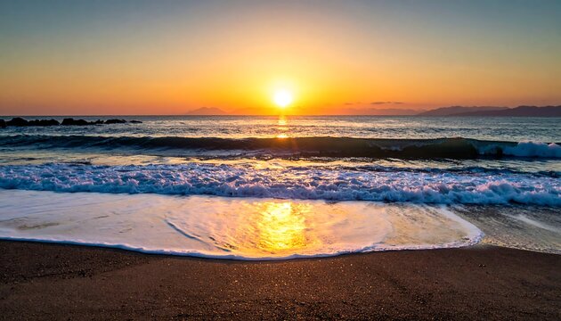 A golden sunset over the ocean waves kissing the sandy shore - Powered by Adobe