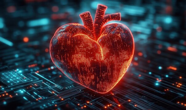 Glowing red digital heart with circuit-like texture standing on a futuristic illuminated microchip board expressing advanced technology and bioengineering fusion - Powered by Adobe