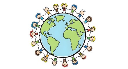 Joyful children holding hands around the world, symbolizing global unity, peace, and environmental awareness, perfect for educational materials and humanitarian projects