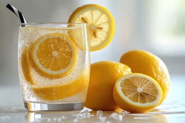 Refreshing glass of sparkling lemon water with lemon slices inside and fresh whole and halved lemons on a light surface in natural lighting