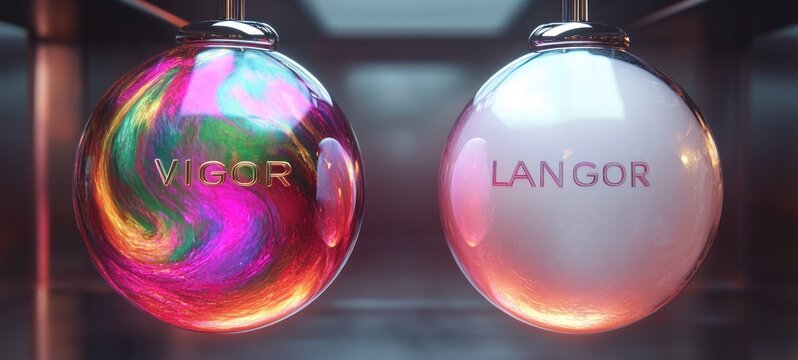 Two glass spheres hanging side by side filled with swirling colorful liquid and misty white substance labeled vigor and langor in a softly lit modern setting