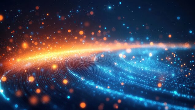 Glowing blue and orange circular light waves with sparkling particle effects in a dark digital abstract background