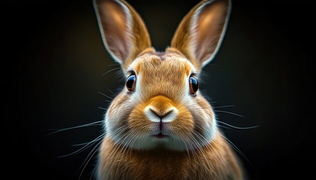 Close-up portrait of a curious brown rabbit with large ears and prominent whiskers against a dark background
