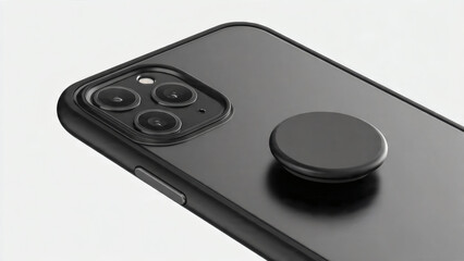 Fototapeta premium Modern smartphone back with triple-lens camera and circular grip accessory on protective case, on white background, highlighting contemporary mobile design