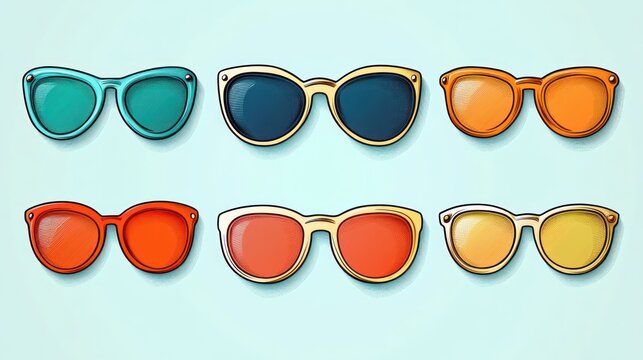 Six colorful pairs of sunglasses arranged in two rows on a light background with vibrant lenses and frames depicting summer and fun vibes