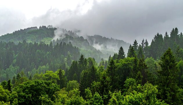 Green forest with misty hills. Dark clouds covering the peaks