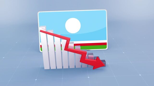 Sakha Republic Flag and Bar Chart Graph Showing Decreasing Values a Red Arrow Economic Crisis Concept