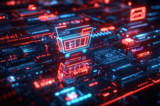 Glowing neon digital shopping cart icon floating above futuristic circuit board with blue and red illuminated microchip patterns