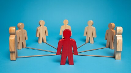 Strategic red leader connecting diverse team members, fostering organizational unity and collaborative growth