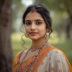 Outdoor portrait of a young Indian woman dressed in colorful ethnic attire, subtle jewelry, and neutral makeup. Soft daylight and gentle background blur create cultural charm and timeless