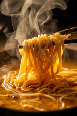 Macro shot of instant ramen being stirred with chopsticks, soft steam drifting upward. Golden tones and creamy broth reflections enhance warmth and comfort, perfect for food advertising