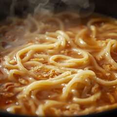 Macro photography of instant noodles soaking in broth with gentle steam. Shallow focus on surface details enhances visual richness, warmth, and taste appeal for advertising and culinary