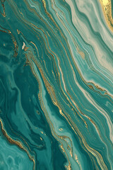 Abstract fluid texture with swirling colors of teal, gold, and ivory blending seamlessly. Glossy reflective finish adds sense of motion and elegance perfect for luxury, design, or creative