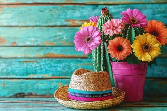 Colorful bouquet of blooming gerbera flowers and cactus in a pink pot next to a straw hat with decorative colorful bands on rustic turquoise wooden background