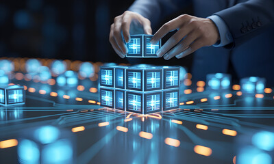 Engineer builds blockchain network with glowing cubes for secure data transfer