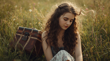 Natural portrait of a young woman sitting in grass field with travel basket beside her. Gentle wind, warm tones, and serene expression evoke sincerity, family warmth, and journey?s