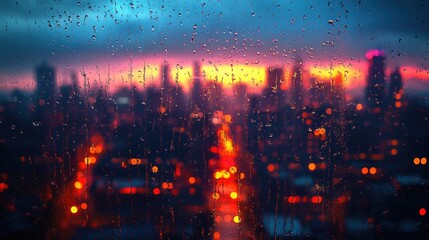 rain droplets on a window overlooking a blurred city skyline at sunset with vibrant orange and blue tones and glowing streetlights creating a moody atmosphere