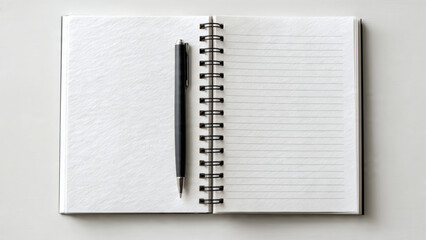 Top-down view of an open spiral notebook with blank pages and a pen in the spine. Ready for writing, planning, or new ideas