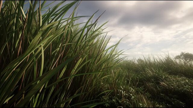 Lush Green Tropical Grass and Reeds Texture Against a Dramatic Overcast Sky