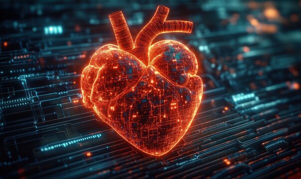 Glowing digital representation of a human heart with a futuristic circuit board background emitting orange and blue light