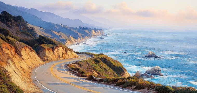 Curving coastal road winding along rugged cliffs with ocean waves and distant mountains under a soft cloudy sky