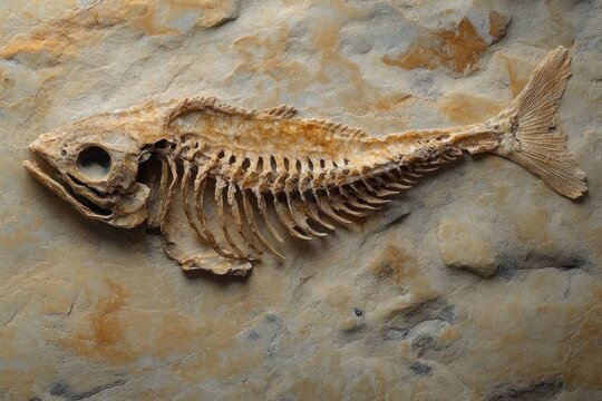 fossilized skeleton of a fish embedded in a textured beige rock showing detailed bones and skull structure