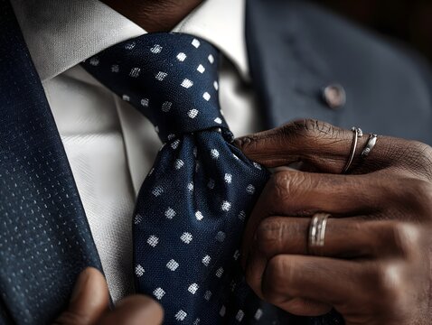 A well dressed Black man adjusts his patterned navy tie with his manicured fingers, ready for a meeting.