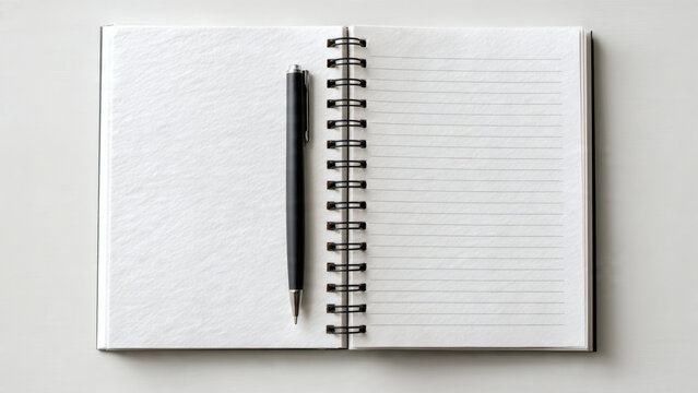 Top-down view of an open spiral notebook with blank pages and a pen in the spine. Ready for writing, planning, or new ideas