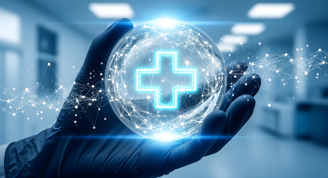Gloved hand holds glowing medical cross in modern digital network sphere