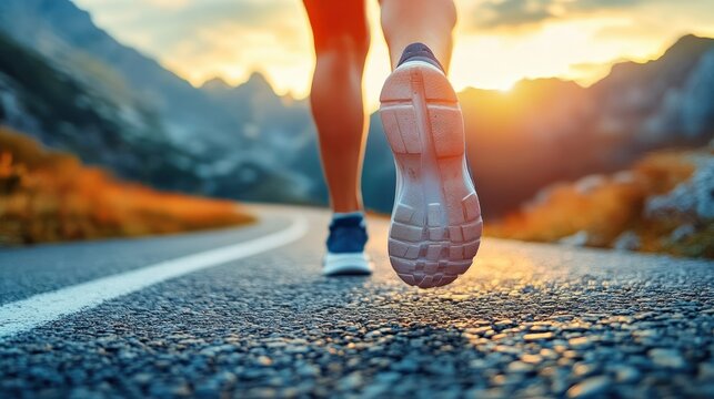 Close-up of a person running on a paved road surrounded by mountains during sunrise or sunset, evoking determination and energy