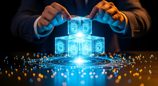 Conceptual blockchain technology with glowing cubes for modern business innovation
