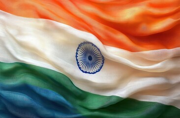 Waving fabric flag with three horizontal stripes of orange, white, and green with a blue wheel emblem in the center