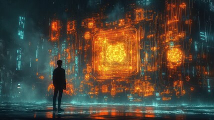 Silhouette of a person standing in front of a large glowing futuristic digital interface with orange and blue holographic elements in a dark misty environment