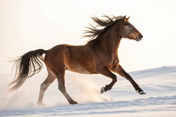Fototapeta premium Brown Horse Galloping Across a Snowy Landscape in Motion