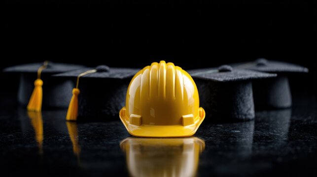 Building Futures: An empowering image of a hard hat and mortarboards symbolize the journey and dedication toward construction and the academic discipline, captured with a deep contrasty backdrop.