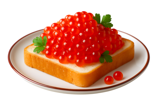 Red salmon caviar on white toast, gourmet appetizer presentation, isolated on transparent background - Powered by Adobe