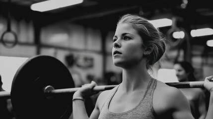 Focused woman lifting weights in a gym environment showcasing strength, determination, and fitness in monochrome tones