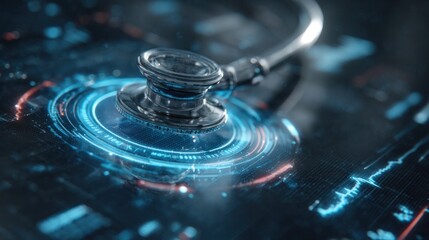 Digital Health Diagnostic: A modern stethoscope rests on a futuristic interface, illuminated with digital readouts and glowing circuits.