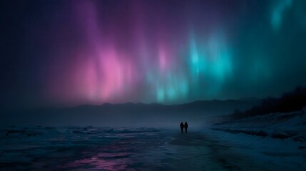 Silhouettes of a couple walking on a frozen shore under the vibrant Aurora Borealis in a winter night sky
